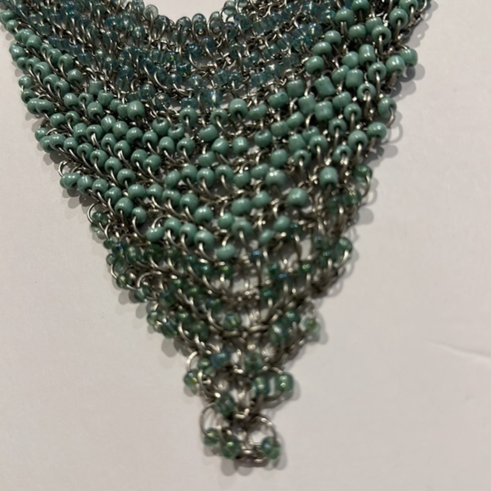 Vintage Robin egg blue beaded chain mail silver toned statement necklace - Picture 6 of 6